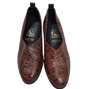 Tic Tac Toes Red Brown Embossed Leather Slip On Loafers Western Style Wmn Sz 9M